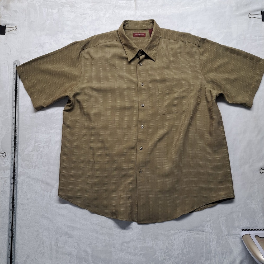 Covington Button Up Mens XXL Olive Green Good Textured Grid Short Sleeve Shirt